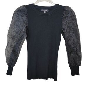 Qed London Size Small Black Ribbed Puff Mesh Sleeves Knit Top